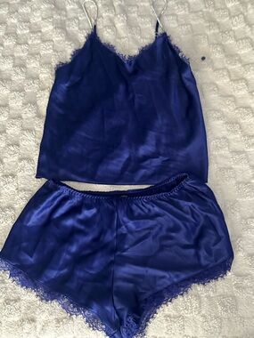 Victoria's Secret Royal Blue Satin Lace-Trim Cami & Short Set